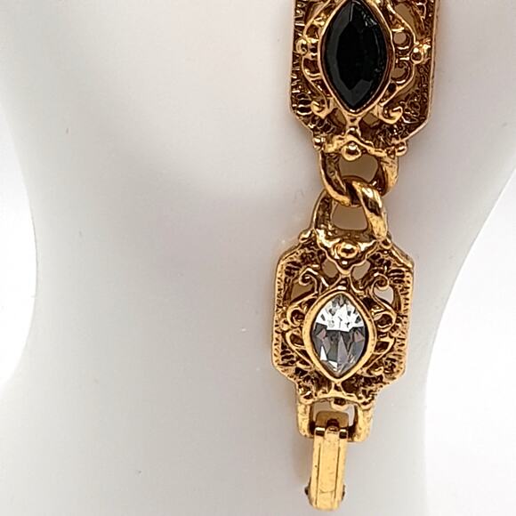 Black Clear Crystal Bracelet, Gold Tone, 1928 Style, 7 1/8 In - Picture 6 of 10